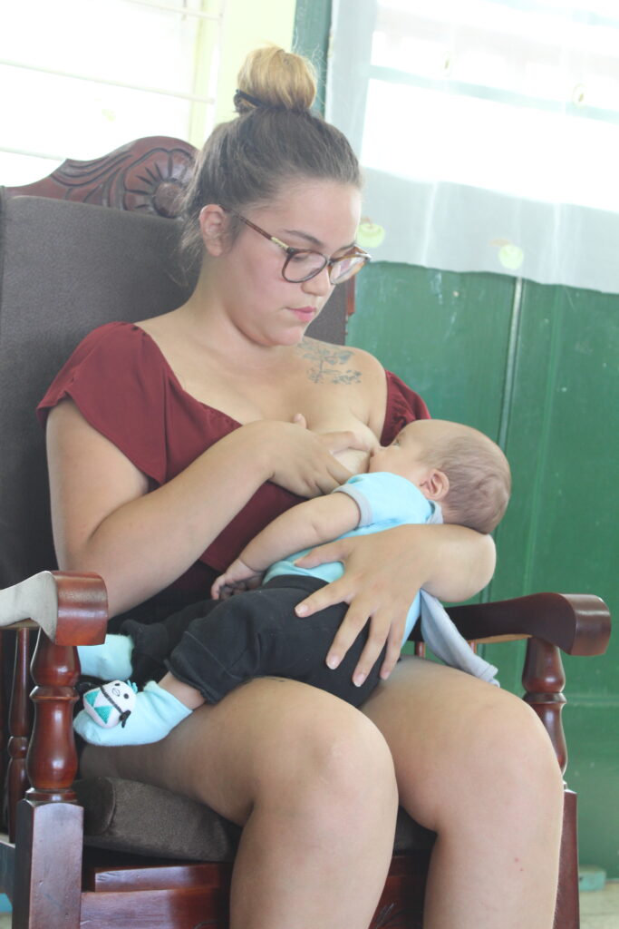 En la imagen se muestra una madre sentada en una silla amantando a su hijo