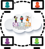 Icono de intranet, se muestra el logotipo de Cen Cinai en una nube en el centro de un circulo que sostiene 4 pantallas donde se muestran monigotes de personas